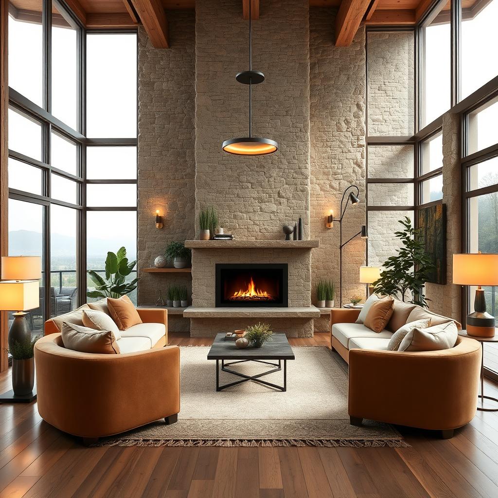 A bright and cozy interior design of a living room in an apartment featuring stone and wood elements