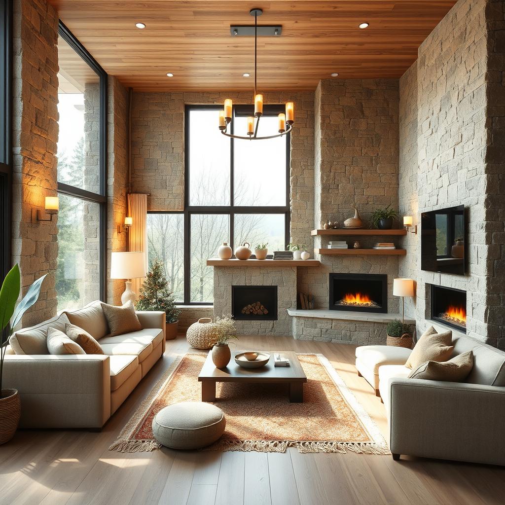 A bright and cozy interior design of a living room in an apartment featuring stone and wood elements