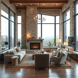 A bright and cozy interior design of a living room in an apartment featuring stone and wood elements