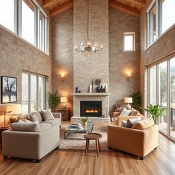 A bright and cozy interior design of a living room in an apartment featuring stone and wood elements