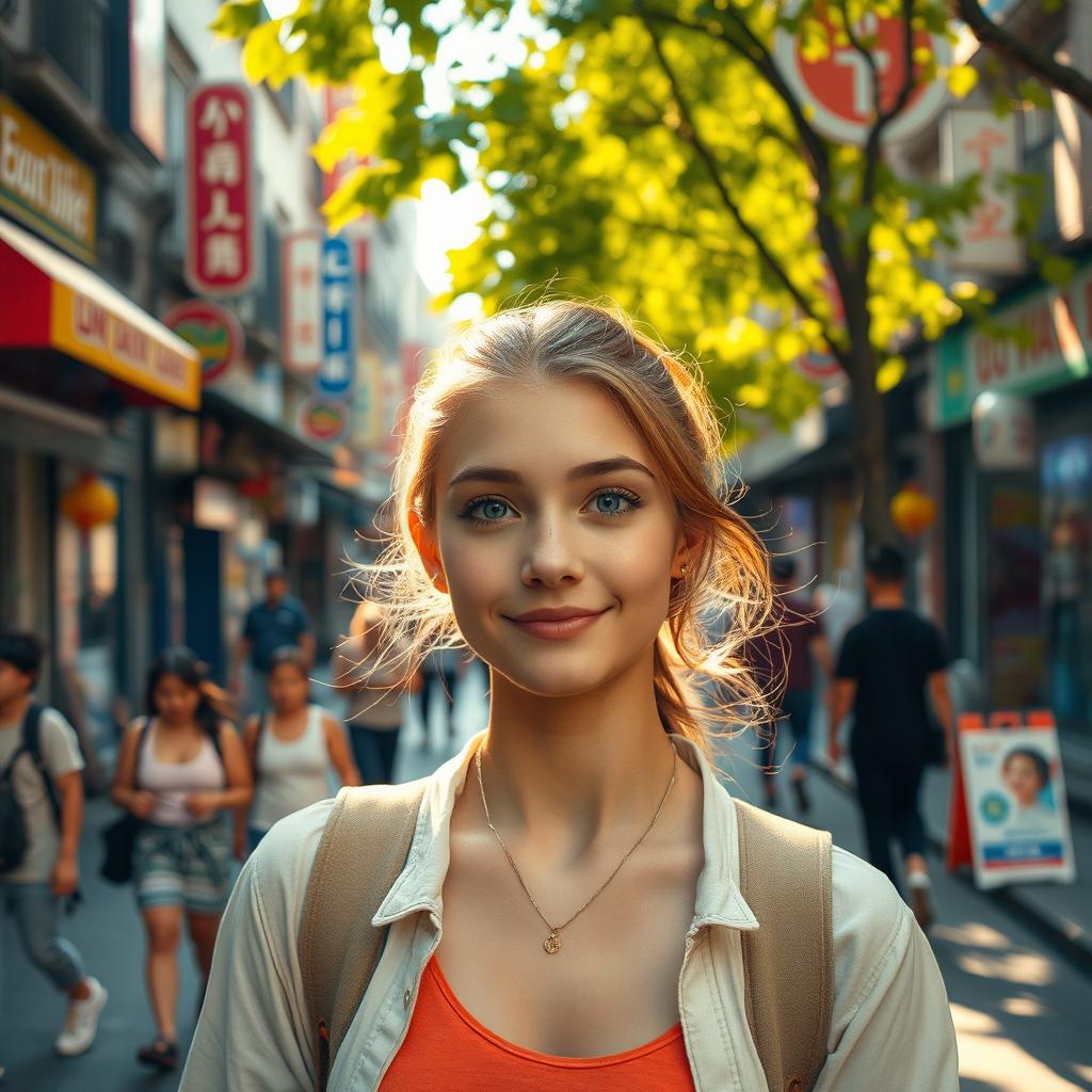 A young adult woman with an innocent expression, standing on a bustling city street filled with colorful shops and lively people