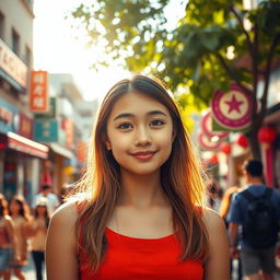 A young adult woman with an innocent expression, standing on a bustling city street filled with colorful shops and lively people