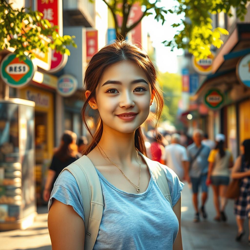 A young adult woman with an innocent expression, standing on a bustling city street filled with colorful shops and lively people