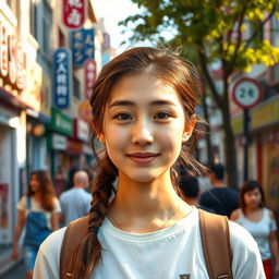 A young adult woman with an innocent expression, standing on a bustling city street filled with colorful shops and lively people