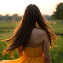 A young woman captured from behind, with a focus on the flow of her long hair and elegant posture