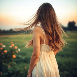 A young woman captured from behind, with a focus on the flow of her long hair and elegant posture