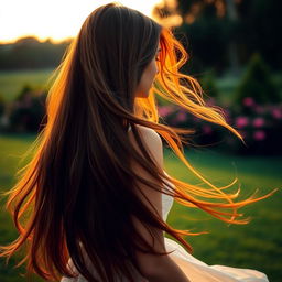 A young woman captured from behind, with a focus on the flow of her long hair and elegant posture