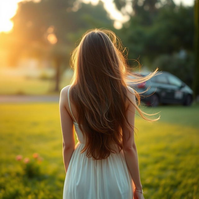 A young woman captured from behind, with a focus on the flow of her long hair and elegant posture