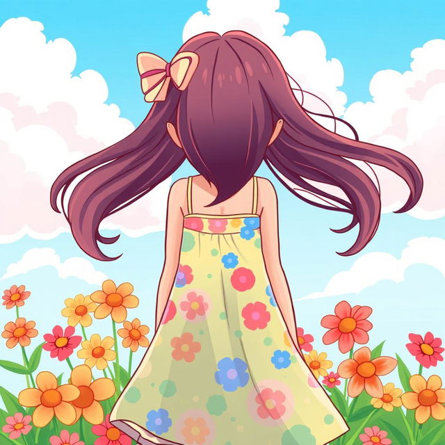 A cartoon-style illustration of a girl seen from behind