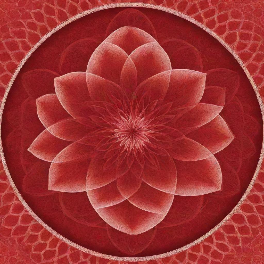 A radiant red flower of life, blooming vibrantly in vivid shades of crimson and scarlet with intricate geometric patterns.