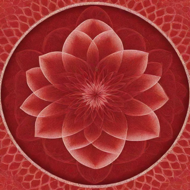 A radiant red flower of life, blooming vibrantly in vivid shades of crimson and scarlet with intricate geometric patterns.