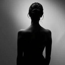 An aesthetic portrait of a woman from behind, with a black and white background, gracefully capturing her posture and elegance