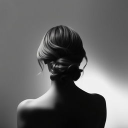 An aesthetic portrait of a woman from behind, with a black and white background, gracefully capturing her posture and elegance