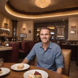 An unconventional-looking man with distinct features dining at the Cheesecake Factory, surrounded by its distinctive decor. The table is rich with an array of appetizer, main course, and cheesecake for dessert.