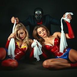 Two sexy, sleepy superheroines, a blonde in a vibrant red costume and a brunette in an alluring blue outfit, are on their knees in a suspense-filled scene