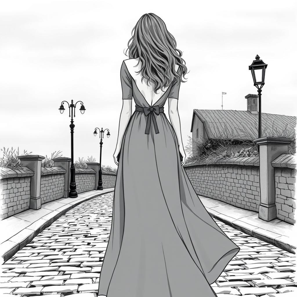 A black and white illustration of a young woman viewed from behind, her figure embodying a timeless elegance inherent in classic novels