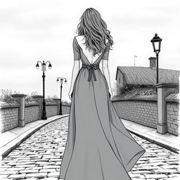 A black and white illustration of a young woman viewed from behind, her figure embodying a timeless elegance inherent in classic novels