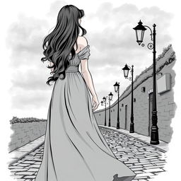 A black and white illustration of a young woman viewed from behind, her figure embodying a timeless elegance inherent in classic novels