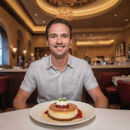 An unconventional-looking man with distinct features dining at the Cheesecake Factory, surrounded by its distinctive decor. The table is rich with an array of appetizer, main course, and cheesecake for dessert.