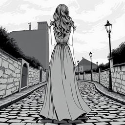 A black and white illustration of a young woman viewed from behind, her figure embodying a timeless elegance inherent in classic novels