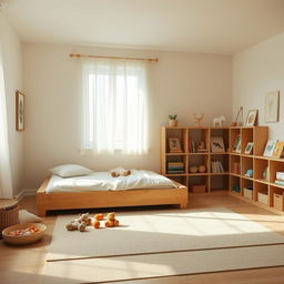 A Montessori-style children's room with an emphasis on simplicity and natural materials