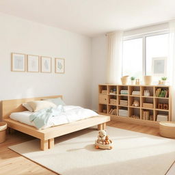 A Montessori-style children's room with an emphasis on simplicity and natural materials