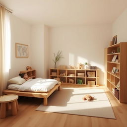 A Montessori-style children's room with an emphasis on simplicity and natural materials