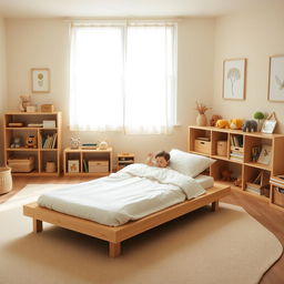 A Montessori-style children's room with an emphasis on simplicity and natural materials