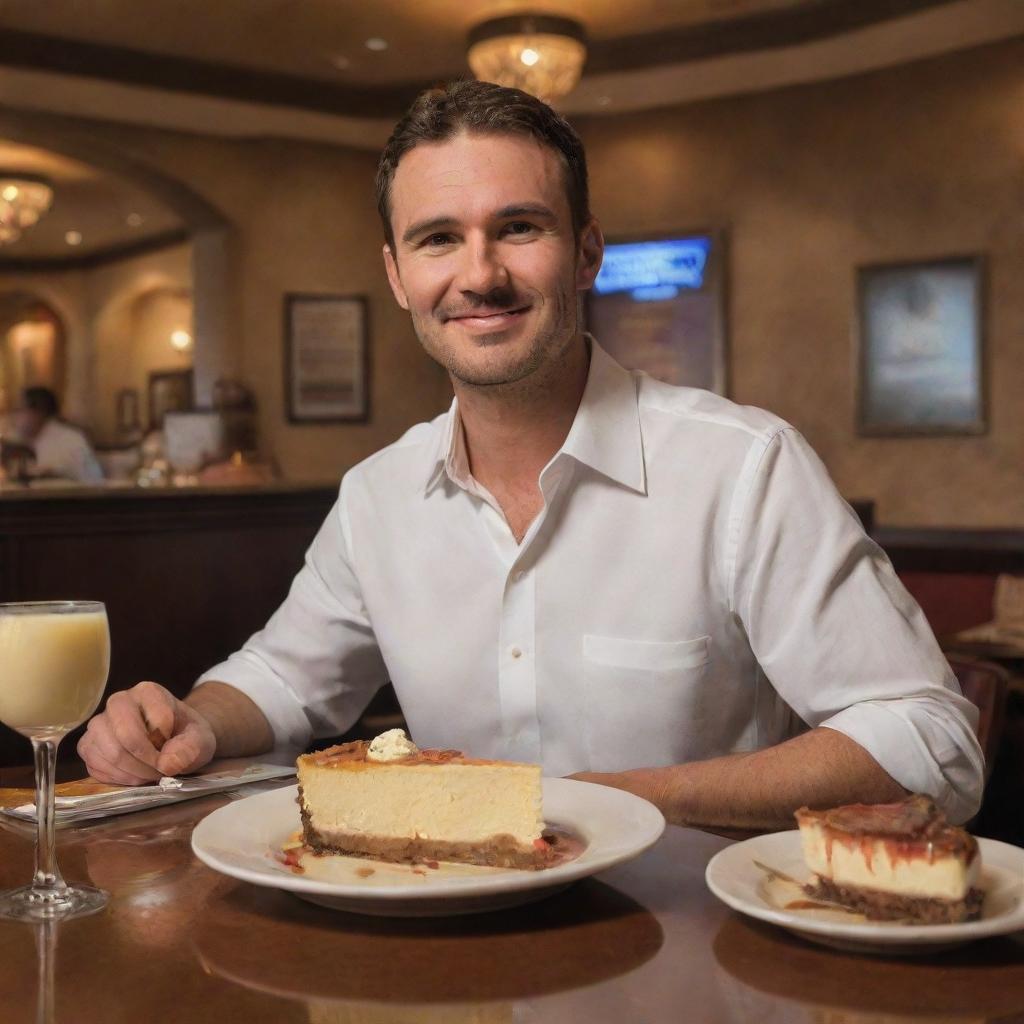 An unconventional-looking man with distinct features dining at the Cheesecake Factory, surrounded by its distinctive decor. The table is rich with an array of appetizer, main course, and cheesecake for dessert.