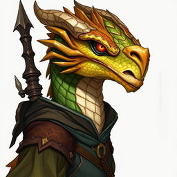 A half-body illustration of a dragon humanoid, showcasing a magnificent topaz-colored head with intricate patterns and wise, piercing eyes