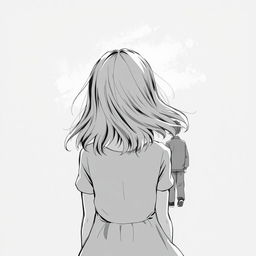 A girl from the back, facing away, in a black and white novel illustration style, watching the departure of a boy