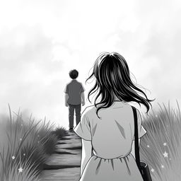 A girl from the back, facing away, in a black and white novel illustration style, watching the departure of a boy