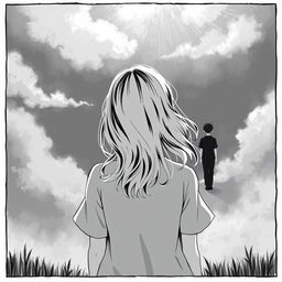 A girl from the back, facing away, in a black and white novel illustration style, watching the departure of a boy