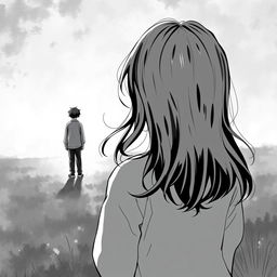 A girl from the back, facing away, in a black and white novel illustration style, watching the departure of a boy