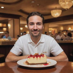 An unconventional-looking man with distinct features dining at the Cheesecake Factory, surrounded by its distinctive decor. The table is rich with an array of appetizer, main course, and cheesecake for dessert.