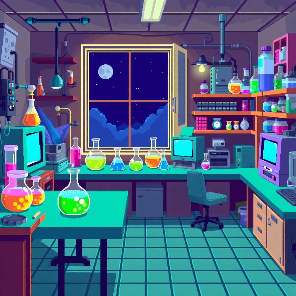 A 2D pixel art science laboratory setting with retro game aesthetics