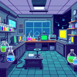 A 2D pixel art science laboratory setting with retro game aesthetics