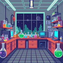 A 2D pixel art science laboratory setting with retro game aesthetics