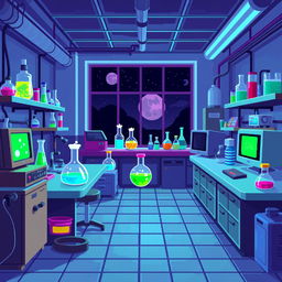 A 2D pixel art science laboratory setting with retro game aesthetics