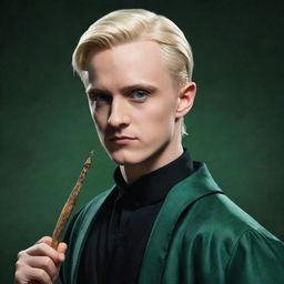 Create an artistic and striking stylized portrait of Draco Malfoy from the 'Harry Potter' series in his Slytherin robes and wand in hand.