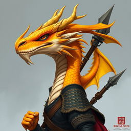 A half-body illustration of a dragon humanoid, featuring a striking yellow-orange colored head with detailed scales and a commanding presence