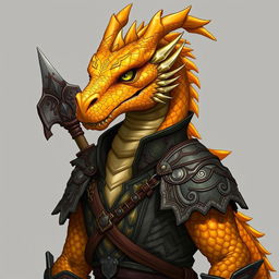 A half-body illustration of a dragon humanoid, featuring a striking yellow-orange colored head with detailed scales and a commanding presence