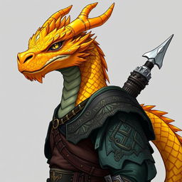 A half-body illustration of a dragon humanoid, featuring a striking yellow-orange colored head with detailed scales and a commanding presence