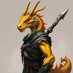 A half-body illustration of a dragon humanoid, featuring a striking yellow-orange colored head with detailed scales and a commanding presence