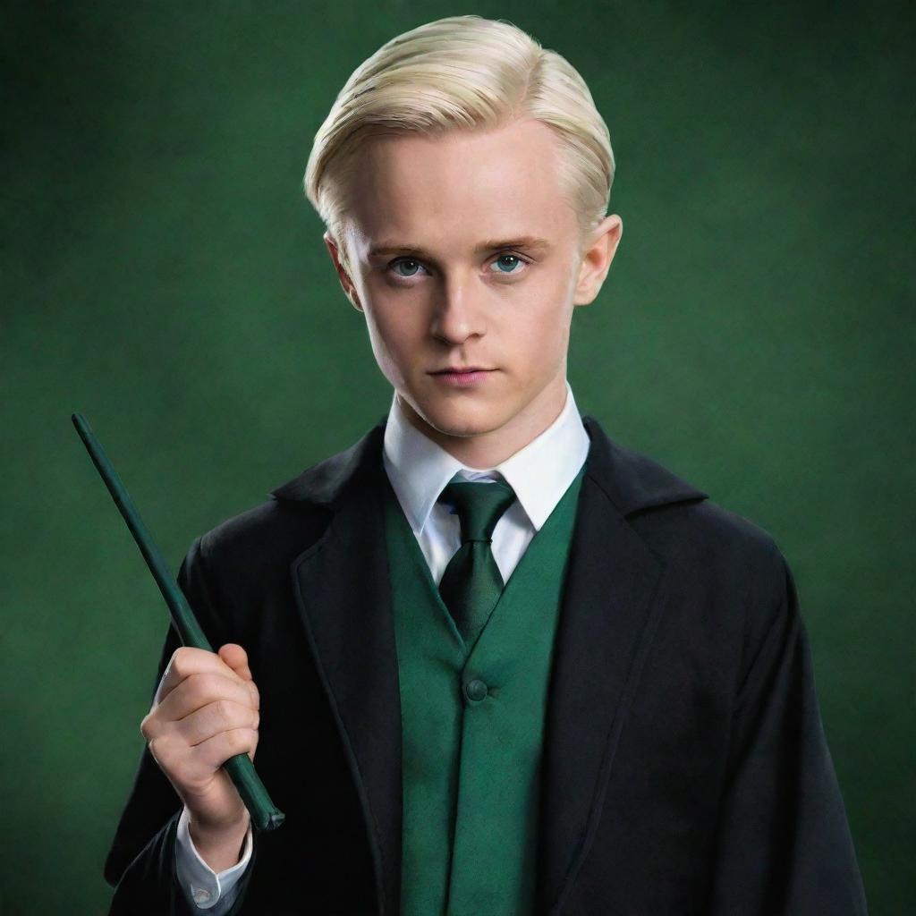 Create an artistic and striking stylized portrait of Draco Malfoy from the 'Harry Potter' series in his Slytherin robes and wand in hand.