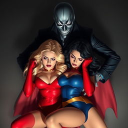 A masked villain menacingly grabs two sexy, scared, and sleepy superheroines