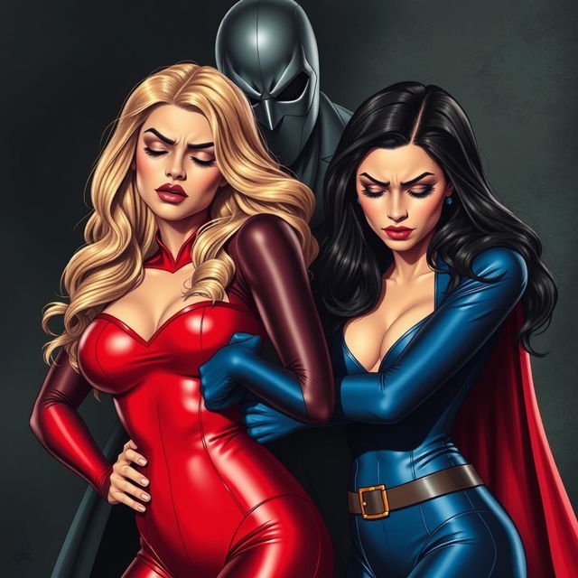 A masked villain menacingly grabs two sexy, scared, and sleepy superheroines