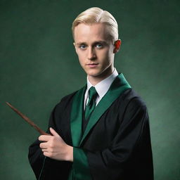 Create an artistic and striking stylized portrait of Draco Malfoy from the 'Harry Potter' series in his Slytherin robes and wand in hand.