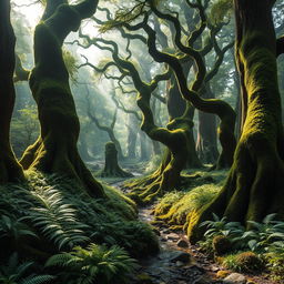 A mystical and ancient forest, filled with towering trees that have gnarled and twisted trunks, draped with lush green moss