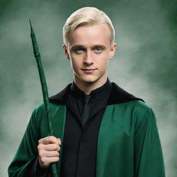 Create an artistic and striking stylized portrait of Draco Malfoy from the 'Harry Potter' series in his Slytherin robes and wand in hand.